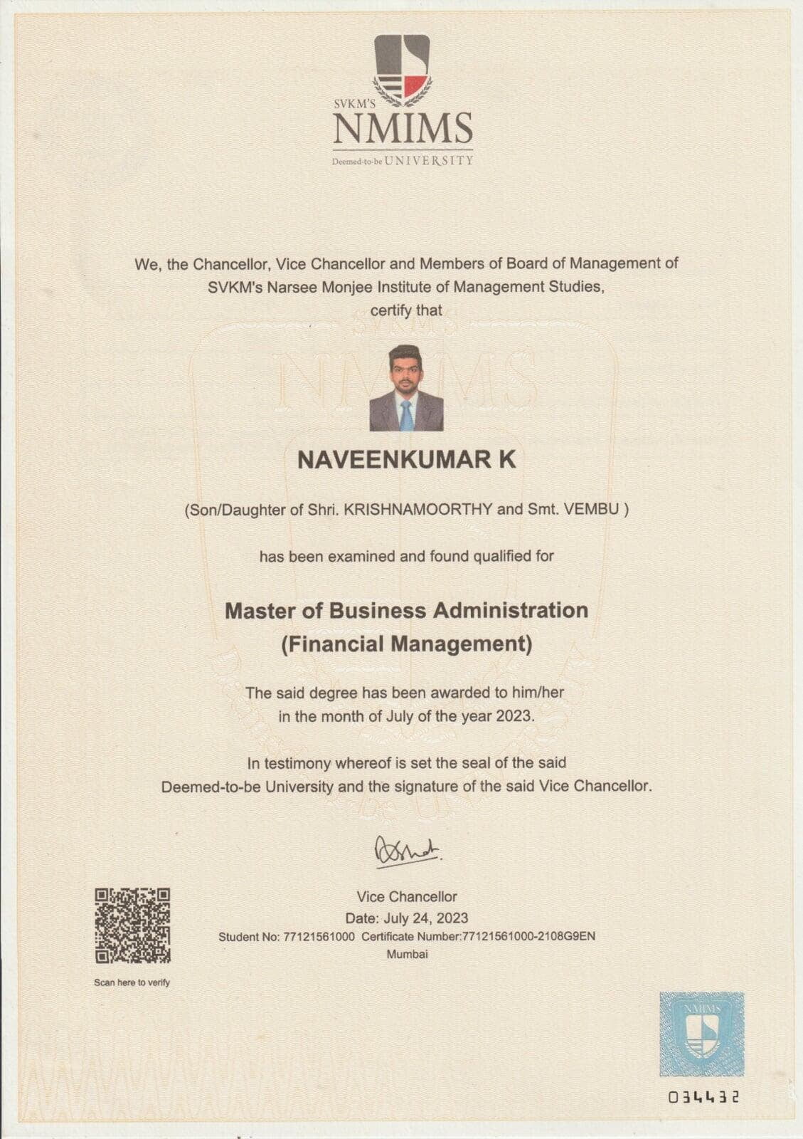 Finholistic Founder MBA Degree Certificate